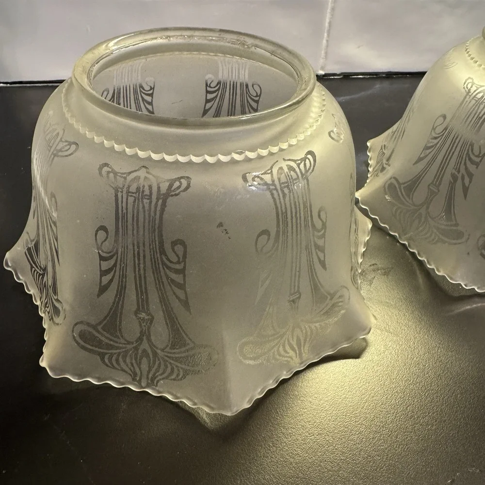 Antique Pair Of 2‎ Glass Lamp Chandelier Shades Fitter-Satin Etched Neoclassical